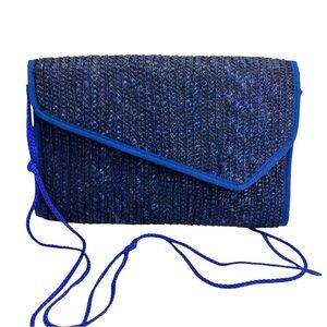 Vintage Y2K Navy Blue Raffia Straw Envelope Foldover Crossbody Clutch Bag